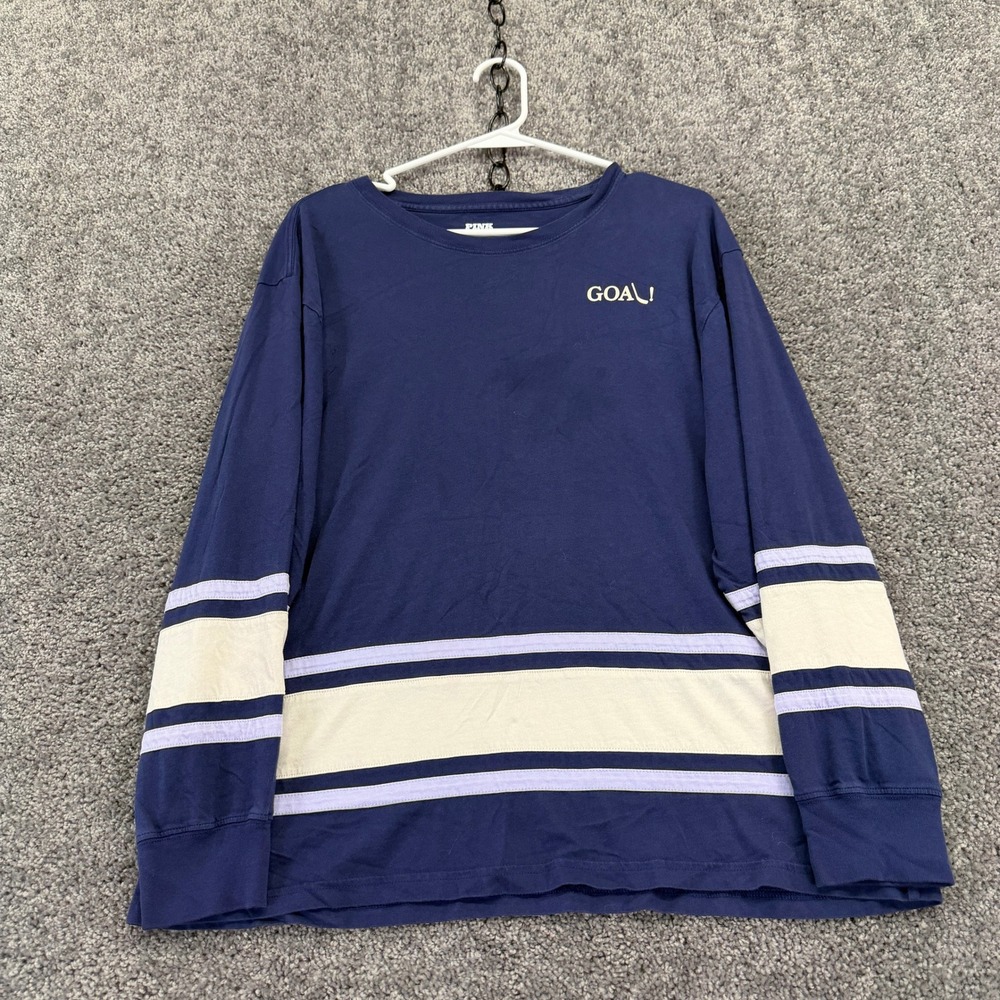PINK Victoria Secret Long Sleeve T Shirt Womens Large Blue Hockey Graphic Jersey